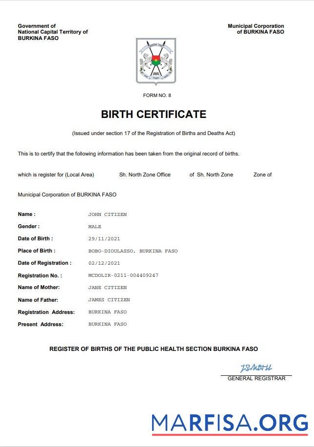 Printable Burkina Faso birth certificate Word and PDF template